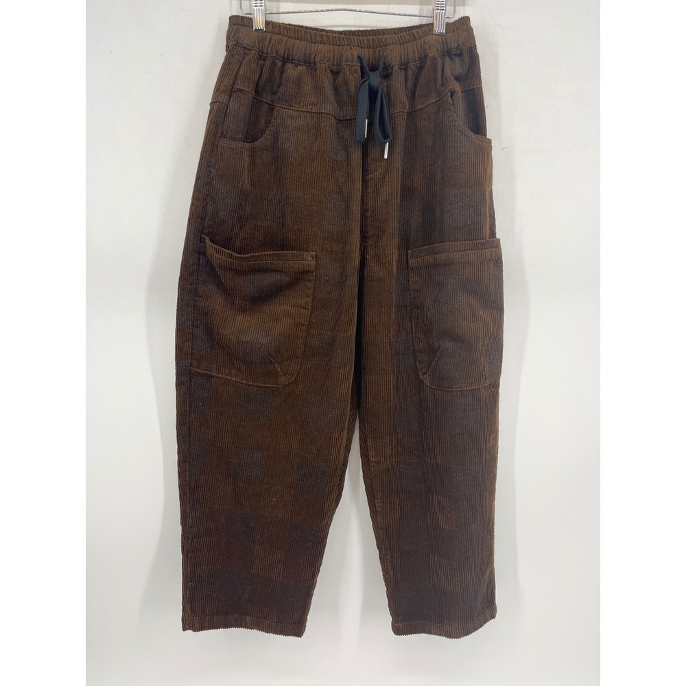 BUYKUD Corduroy Pants Women M Brown NWT Checkered Lagenlook Tapered Drawstring - Picture 3 of 11